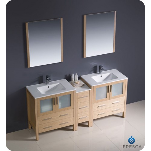 Fresca Torino 72" Light Oak Modern Double Sink Bathroom Vanity w/ Side Cabinet & Integrated Sinks