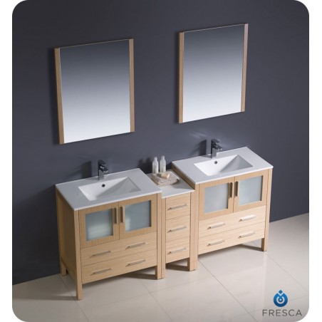 Fresca Torino 72" Light Oak Modern Double Sink Bathroom Vanity w/ Side Cabinet & Integrated Sinks