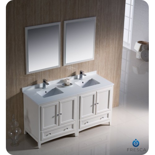 Fresca Oxford 60" Antique White Traditional Double Sink Bathroom Vanity