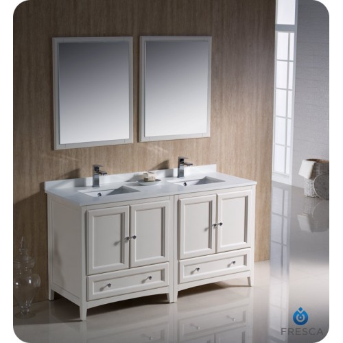 Fresca Oxford 60" Antique White Traditional Double Sink Bathroom Vanity