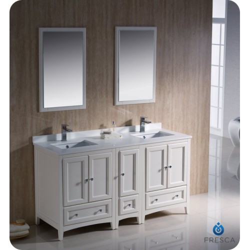 Fresca Oxford 60" Antique White Traditional Double Sink Bathroom Vanity w/ Side Cabinet