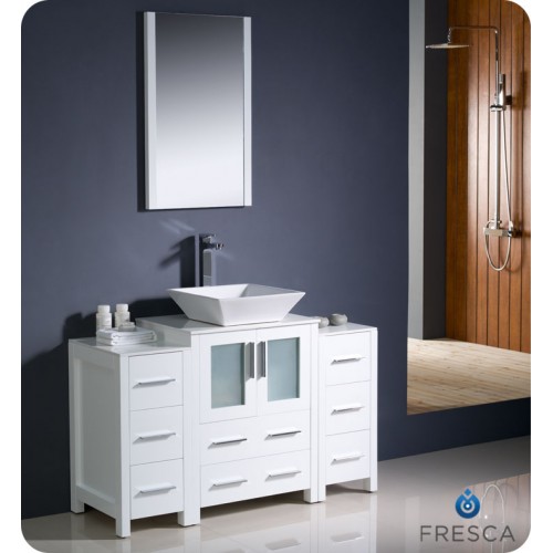 Fresca Torino 48" White Modern Bathroom Vanity w/ 2 Side Cabinets & Vessel Sink