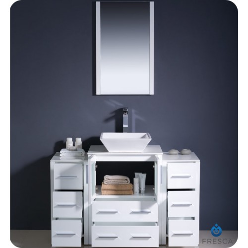 Fresca Torino 48" White Modern Bathroom Vanity w/ 2 Side Cabinets & Vessel Sink