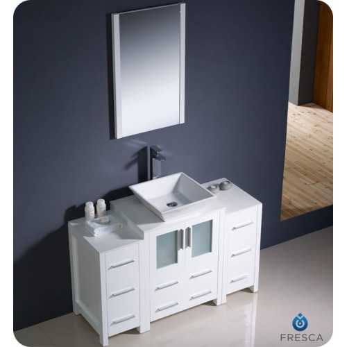 Fresca Torino 48" White Modern Bathroom Vanity w/ 2 Side Cabinets & Vessel Sink