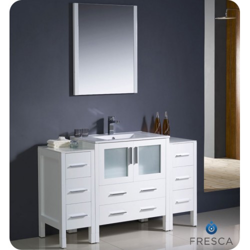 Fresca Torino 54" White Modern Bathroom Vanity w/ 2 Side Cabinets & Integrated Sink