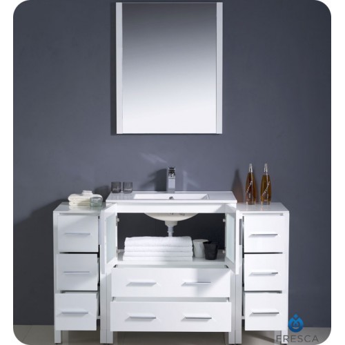 Fresca Torino 54" White Modern Bathroom Vanity w/ 2 Side Cabinets & Integrated Sink