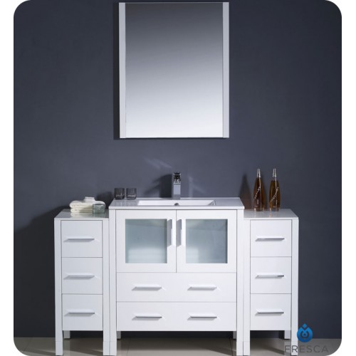 Fresca Torino 54" White Modern Bathroom Vanity w/ 2 Side Cabinets & Integrated Sink