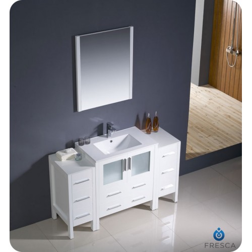 Fresca Torino 54" White Modern Bathroom Vanity w/ 2 Side Cabinets & Integrated Sink