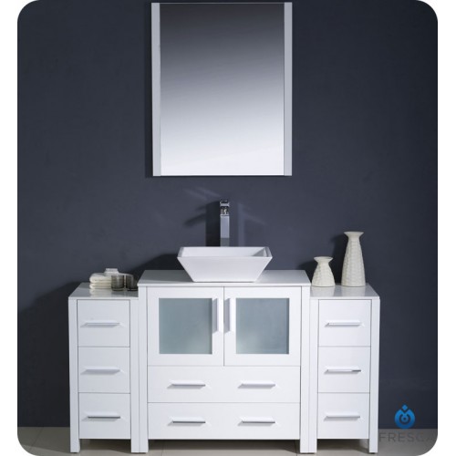 Fresca Torino 54" White Modern Bathroom Vanity w/ 2 Side Cabinets & Vessel Sink