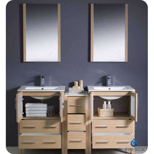 Fresca Torino 60" Light Oak Modern Double Sink Bathroom Vanity w/ Side Cabinet & Integrated Sinks