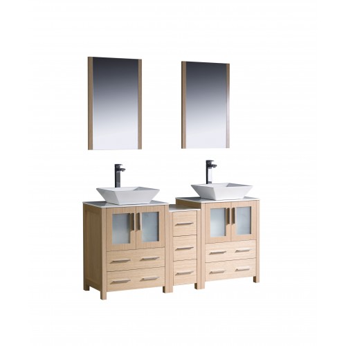 Fresca Torino 60" Light Oak Modern Double Sink Bathroom Vanity w/ Side Cabinet & Vessel Sinks