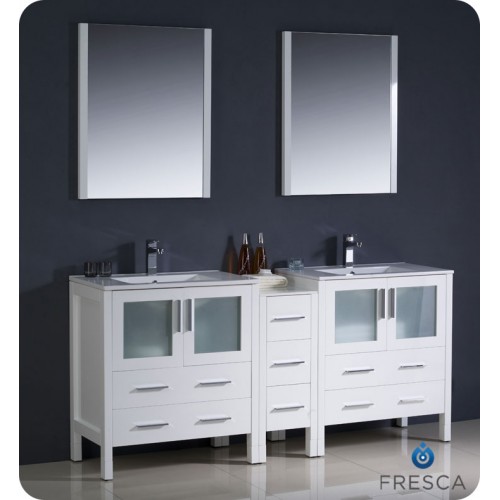 Fresca Torino 72" White Modern Double Sink Bathroom Vanity w/ Side Cabinet & Integrated Sinks