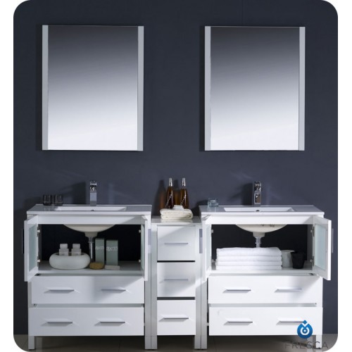 Fresca Torino 72" White Modern Double Sink Bathroom Vanity w/ Side Cabinet & Integrated Sinks