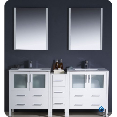 Fresca Torino 72" White Modern Double Sink Bathroom Vanity w/ Side Cabinet & Integrated Sinks