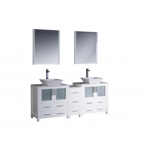 Fresca Torino 72" White Modern Double Sink Bathroom Vanity w/ Side Cabinet & Vessel Sinks