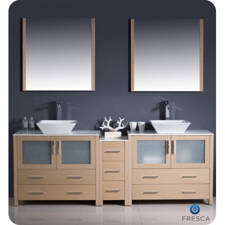 Fresca Torino 84" Light Oak Modern Double Sink Bathroom Vanity w/ Side Cabinet & Vessel Sinks
