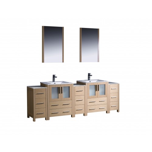 Fresca Torino 84" Light Oak Modern Double Sink Bathroom Vanity w/ 3 Side Cabinets & Integrated Sinks