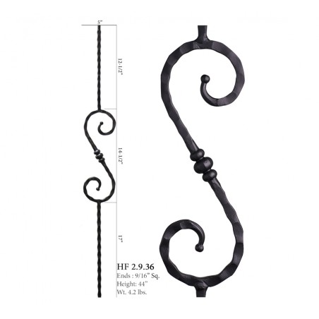 Single Knuckle Square Hammered Scroll Baluster Satin Black