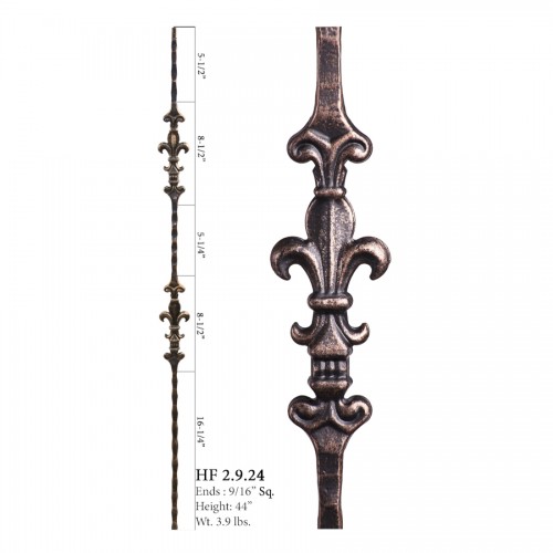 Double Fleur De Lis Square Hammered Iron Baluster Raw