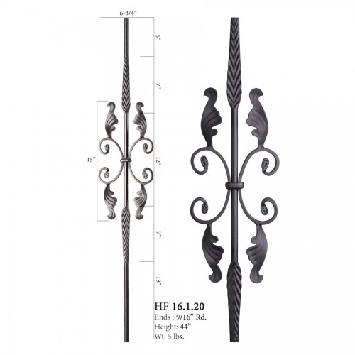 Double Feather Butterfly with Leaves Iron Baluster Satin Black