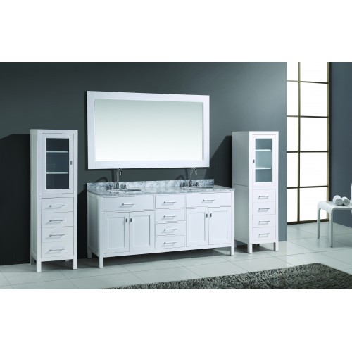 London 72" Double Sink Vanity Set in White with two matching linen cabinet in White