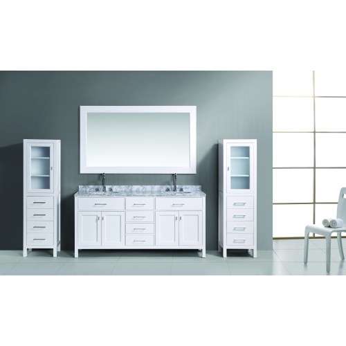 London 72" Double Sink Vanity Set in White with two matching linen cabinet in White