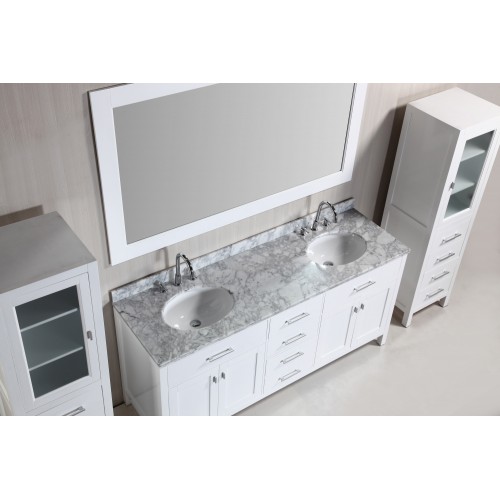 London 72" Double Sink Vanity Set in White with two matching linen cabinet in White