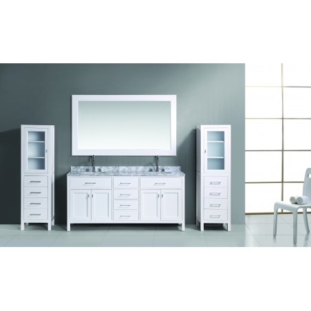 London 72" Double Sink Vanity Set in White with two matching linen cabinet in White