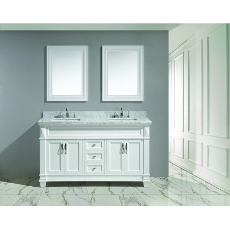 Hudson 60" Double Sink Vanity Set in White with White Carrara Marble Countertop