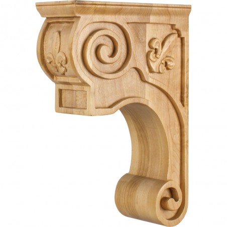 CORT-F Hand-Carved Wood Corbel with Fleur de Lis and Scroll Detail Design