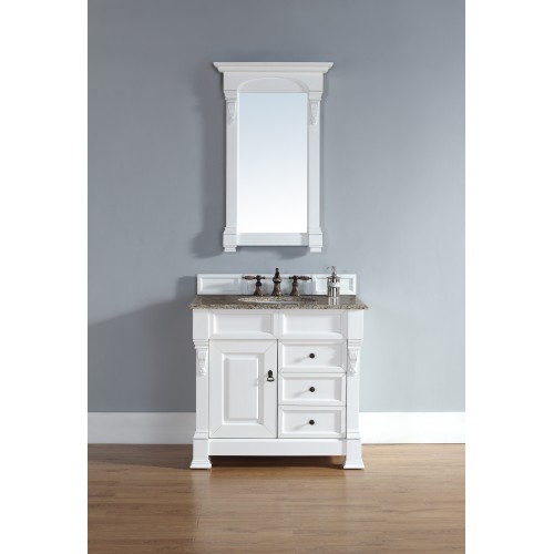 "Brookfield 36"" Cottage White Single Vanity w/ Drawers with Absolute Black Polished Stone Top"