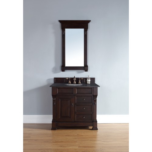 "Brookfield 36"" Burnished Mahogany Single Vanity w/ Drawers with Absolute Black Polished Stone Top"