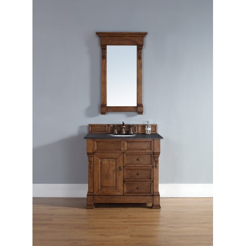 "Brookfield 36"" Country Oak Single Vanity w/ Drawers with Absolute Black Polished Stone Top"