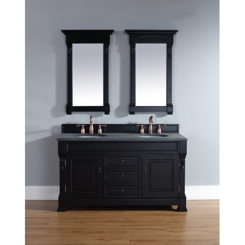 "Brookfield 60"" Antique Black Double Vanity with Absolute Black Rustic Stone Top"