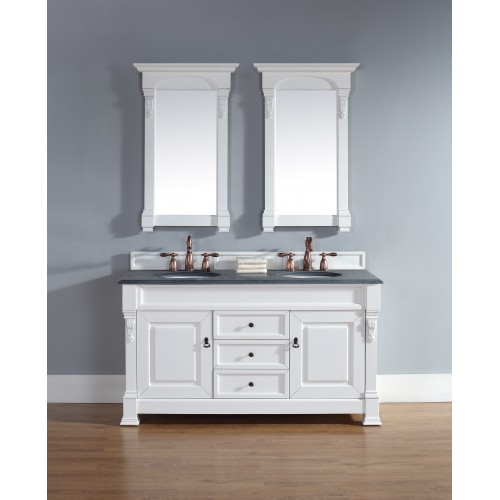"Brookfield 60"" Cottage White Double Vanity with Absolute Black Rustic Stone Top"