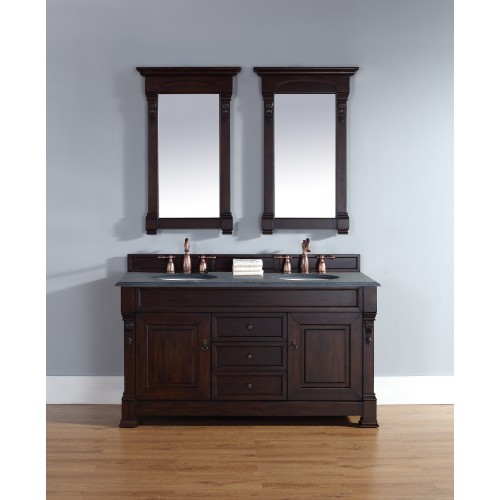 "Brookfield 60"" Burnished Mahogany Double Vanity with Absolute Black Rustic Stone Top"
