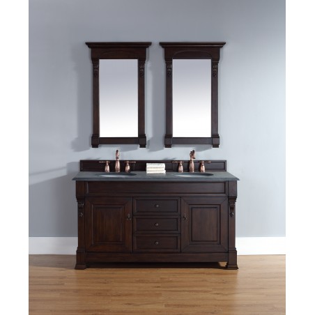 "Brookfield 60"" Burnished Mahogany Double Vanity with Absolute Black Rustic Stone Top"