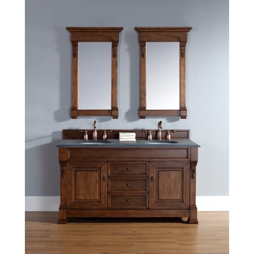 "Brookfield 60"" Country Oak Double Vanity with Absolute Black Rustic Stone Top"