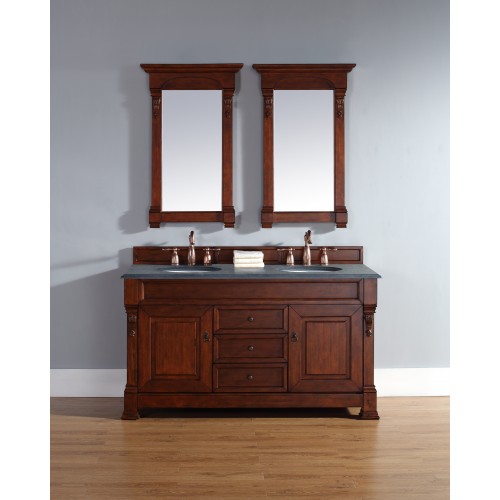 "Brookfield 60"" Warm Cherry Double Vanity with Absolute Black Rustic Stone Top"