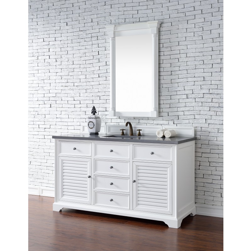 "Savannah 60"" Cottage White Single Vanity with Shadow Gray Quartz Top"