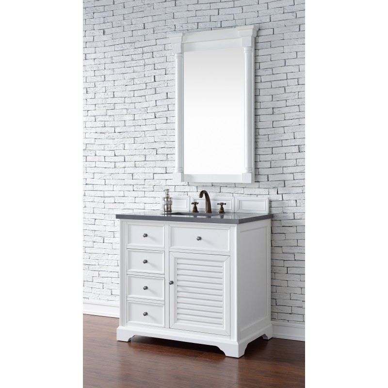 "Savannah 36"" Cottage White Single Vanity with Shadow Gray Quartz Top"