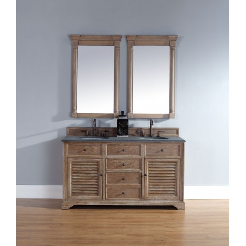 "Savannah 60"" Driftwood Double Vanity with Absolute Black Rustic Stone Top"
