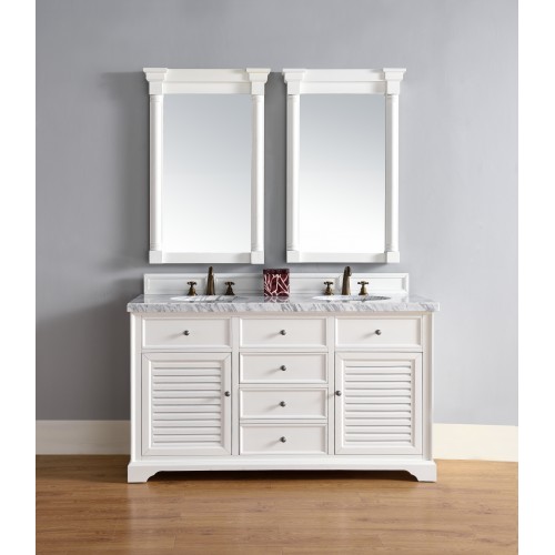 "Savannah 60"" Cottage White Double Vanity with Absolute Black Rustic Stone Top"