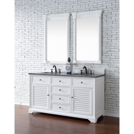 "Savannah 60"" Cottage White Double Vanity with Shadow Gray Quartz Top"