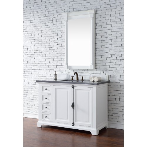 "Providence 48"" Cottage White Single Vanity with Shadow Gray Quartz Top"