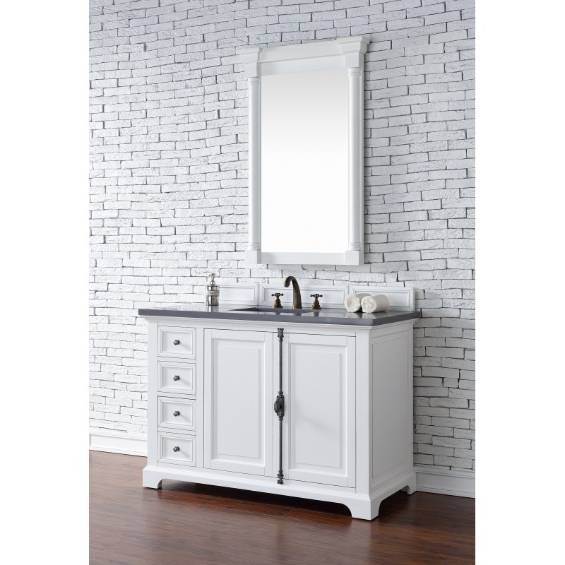 "Providence 48"" Cottage White Single Vanity with Shadow Gray Quartz Top"