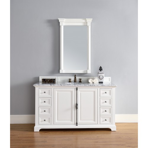 "Providence 60"" Cottage White Single Vanity with Absolute Black Polished Stone Top"