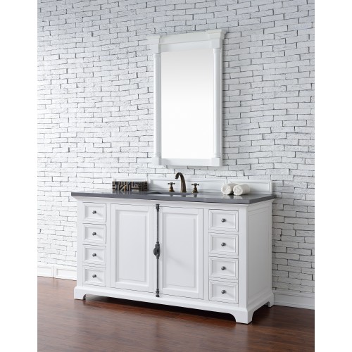 "Providence 60"" Cottage White Single Vanity with Shadow Gray Quartz Top"
