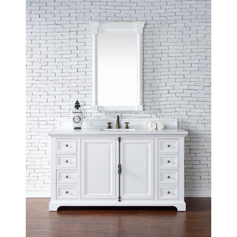 "Providence 60"" Cottage White Single Vanity with Snow White Quartz Top"