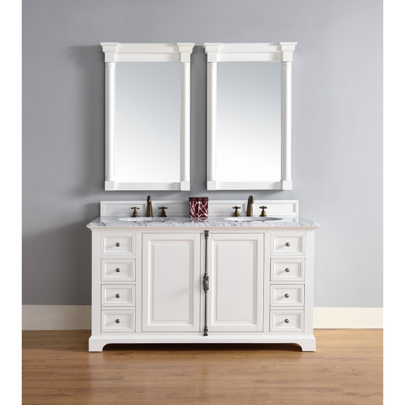 "Providence 60"" Cottage White Double Vanity with Absolute Black Rustic Stone Top"